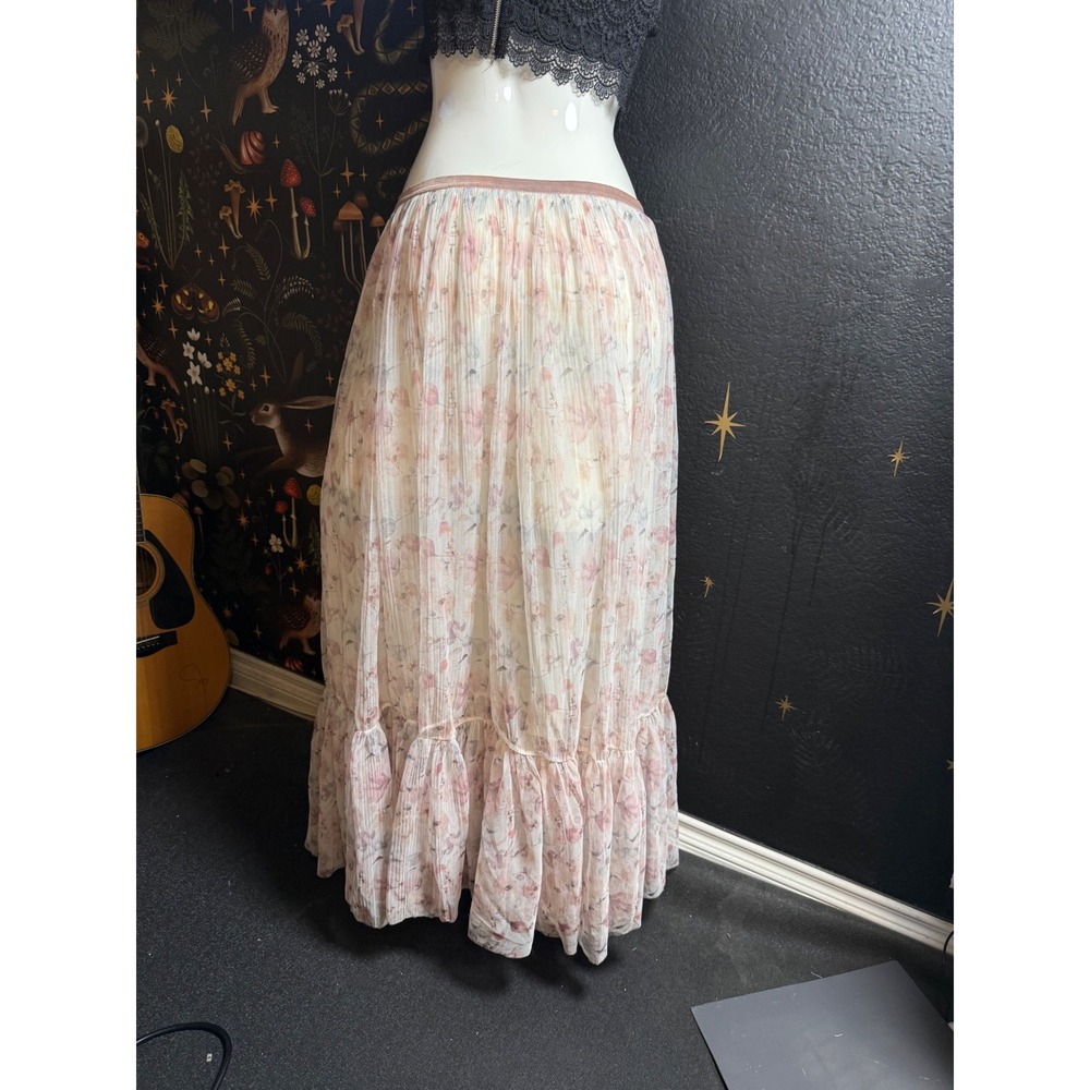 Zara Floral Pleated Maxi Skirt Pink Cream Plisse Tiered Ruffle Boho Size M